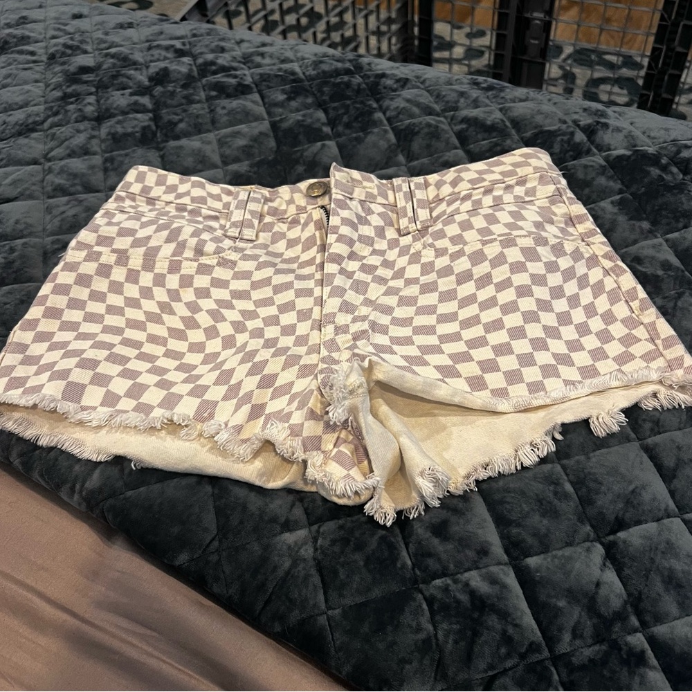 Aeropostale Women's Vintage High Rise Checkered Denim Shorty Shorts l 4R